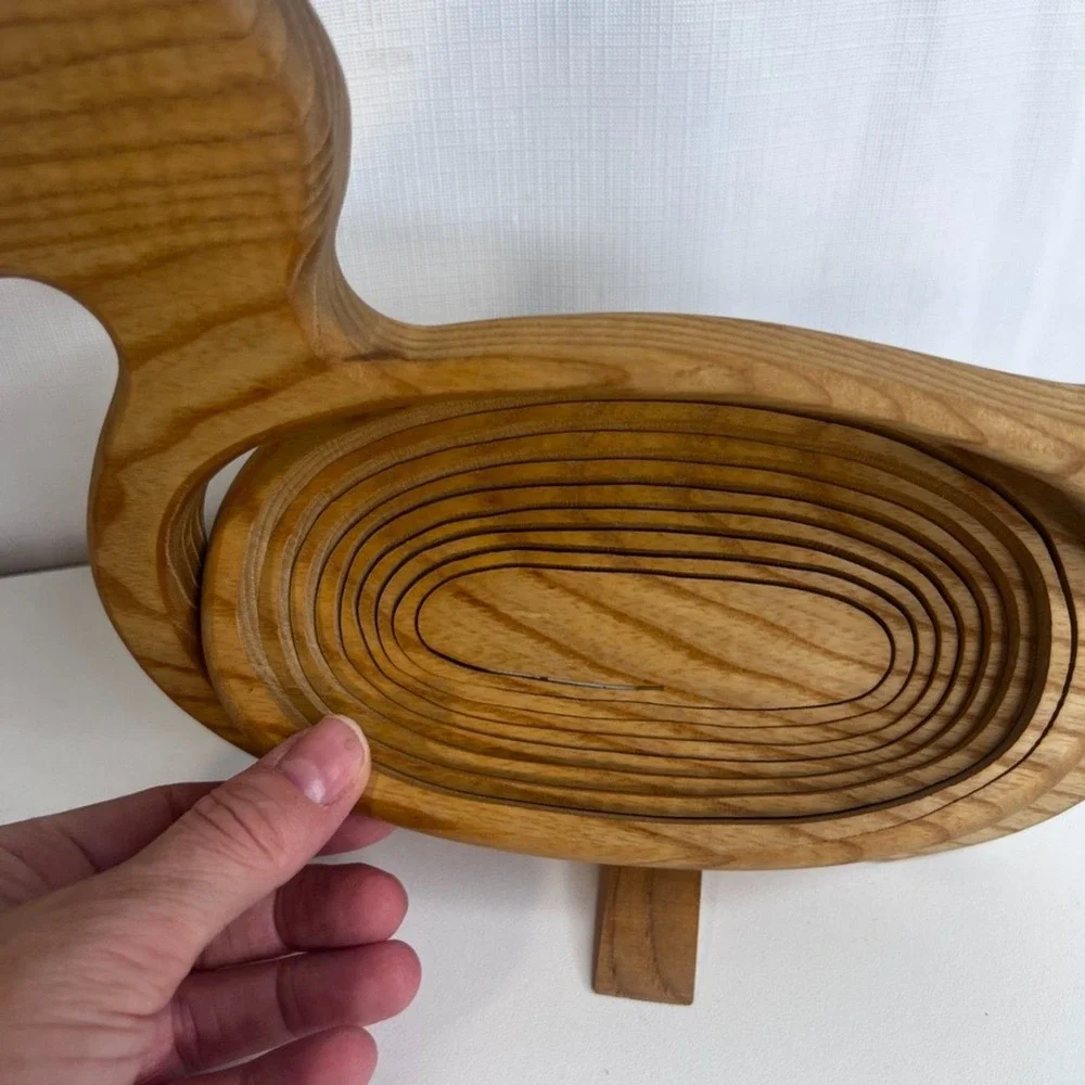 Duck Handcrafted Collapsible Wooden Basket Bread Fruit Bowl Decor Farmhouse